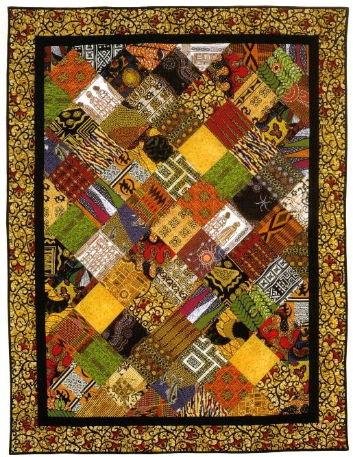 The patchwork quilt of the record — African wax-print squares in earth, gold, and green